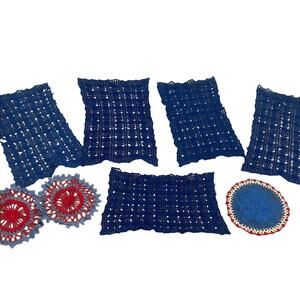 Lot of 8 Blue Red Crochet Vintage Rectangle Round Doilies Victorian Decor Dining
